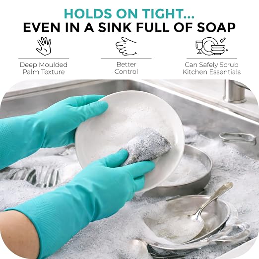 LADWA 1 Pairs Non-Slip Household Cleaning Reusable Dishwashing Gloves for Kitchen Washing Dishes Bathroom Gardening & Home Tasks Flexible Long-lasting & Waterproof Gloves Perfect for Woman Men (Green)