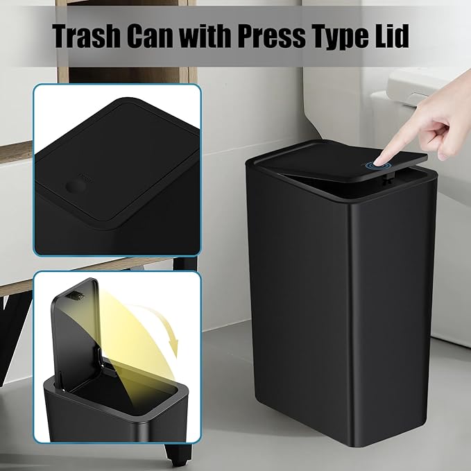TIPGO Bathroom Trash Can with Lid, 10 Liter/ 2.6 Gallon Slim Garbage Can, Small Trash Bin Waste Basket with Pop-Up Lid for Kitchen, Bedroom, Living Room, Office (Black) (Pack of 3)