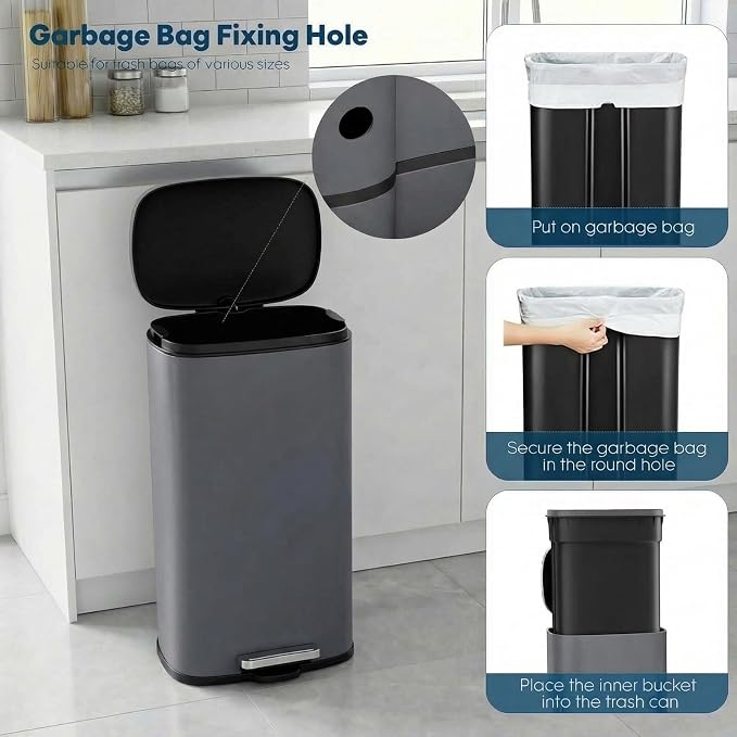 8 Gal Kitchen Trash Can, 30L Recycling or Garbage Bin, with Step-On Pedal | Brushed Stainless Steel Waste Basket, Soft&Quiet Close Dustbin, Removable Inner Bucket, for Home, Office, Living Room