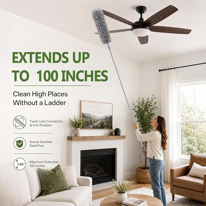 13-Piece Duster with Extension Pole, Cobweb Duster for High Ceiling | Spider web brush and flat gap cleaner for homes, apartments, fans, blinds, walls, furniture, cars and under appliances