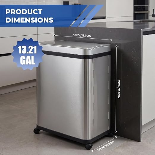 Pukomc Kitchen Trash Can,13 Gallon Motion Sensor Garbage Can | Brushed Stainless Steel ,Automatic Touchless,Removable garbage can ,Liner Pocket ,Fits Any Kitchen, Bathroom, Office, or Home