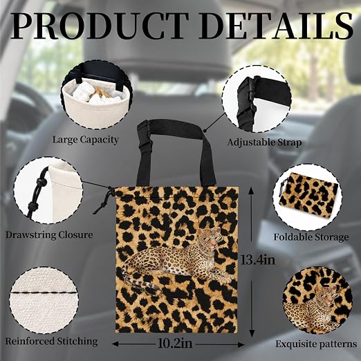Modern Fashion Cheetah Car Garbage Bag Canvas Trash Can | Funky Leopard Print Drawstring Car Trash Bag Hanging for Back Seat with Adjustable Buckle