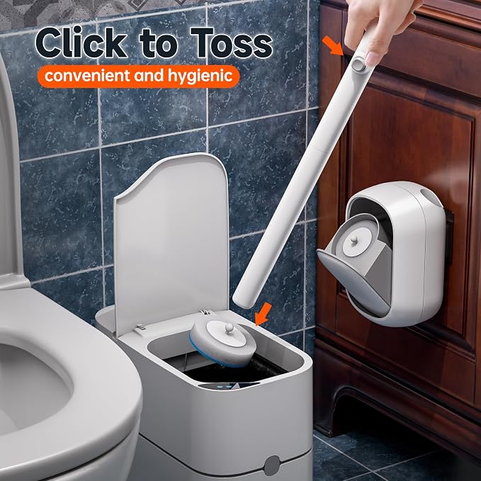 Ctime Disposable Toilet Brush Set with 60 Refills, Wall Mounted Wand Kit | Waterproof with Lid，Hands-Free Lid,New Wand Refills,One-Click Disposal,Pre-Loaded Cleaner,360° Rotating Head