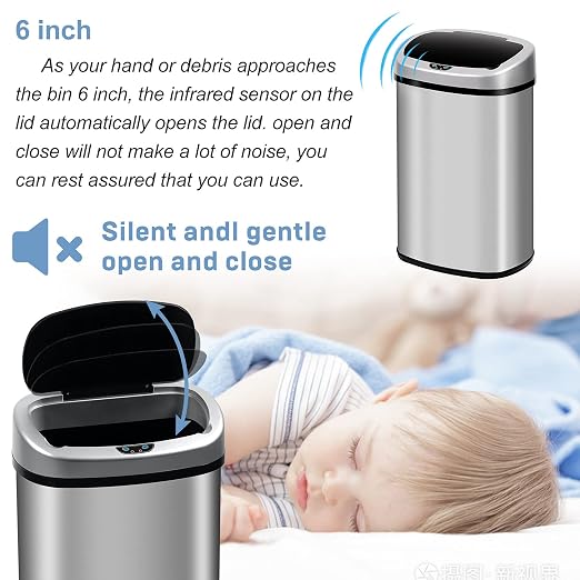 Sensor Can 13 Gallon Kitchen Trash Can with Lid，Motion Sensor Stainless Steel Garbage Bin for Home, Office, Garage，Large Capacity Design，50 Liter