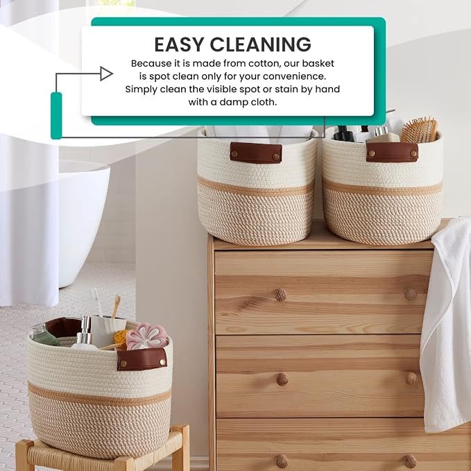 3 Pack Woven Cotton Rope Storage Basket, 15x10x9, White/Brown | Faux Leather Handles; Decorative Closet Shelf Organizer; Ideal for Storage & Organization