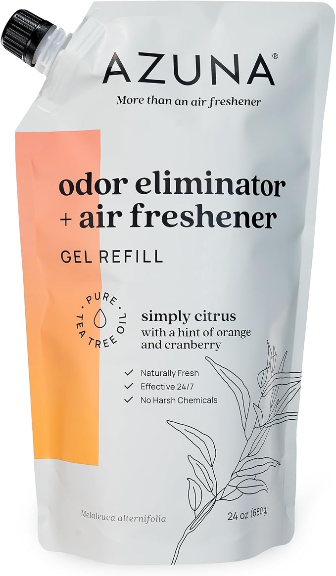 Azuna Home Odor Eliminator for Strong Odor | 24oz Gel Refill | Citrus | Plant powered air freshener with Australian tea tree oil, long lasting freshness for 60-90 days, non-toxic.