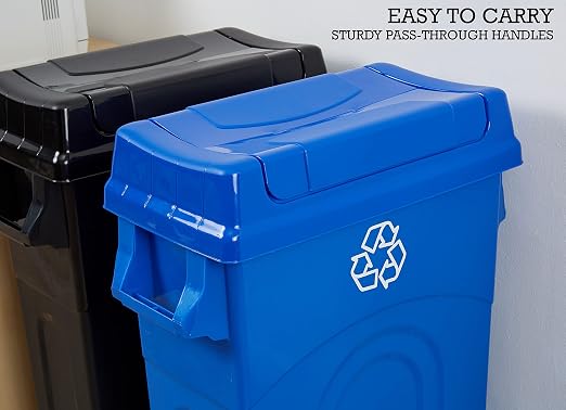 United Solutions 23 Gallon Highboy Plastic Recycling Bin Kitchen Trash Can with Lid, Pass Through Handles, and Dustpan Edge, Blue