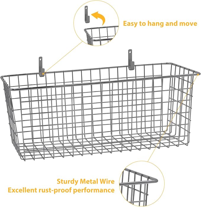 2 Sets Grey Extra Large Hanging Wall Basket with Steel Hooks | Metal Wire Baskets for Organizing, Wallmounted Fruit Vegetable Toy Snack Storage, Home Kitchen Bathroom Laundry Pantry
