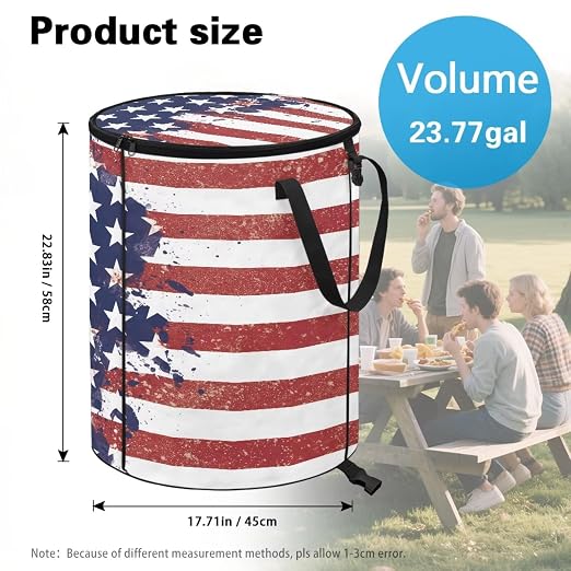 doginthehole 4th of July Decor Collapsible Trash Can with Lid Patriotic American Flag Trash Can 23 Gallon Waterproof Portable Outdoor Waste Bin for Car, Camping, Picnic, Independence Day Decorations