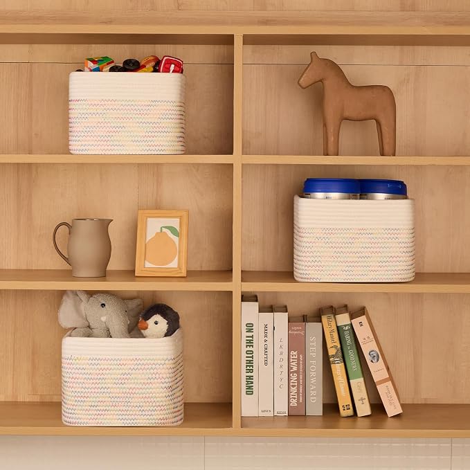 MiniArk Small Organizing Baskets for Cubes Shelf, 9.7x9.7x7.1 Inch Rope Woven Storage Bins for Nursery Shelves Storage, Cute Toy Basket, Square 3 Packs Off White Rainbow