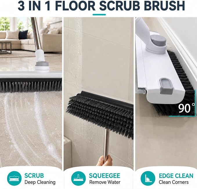 Ceruaxb Floor Scrub Brush with Long Handle, 3 in 1 Floor Scrubber, White | Stiff Bristles, Built-In Squeegee and Hidden Tweezers for Shower, Tile, Grout, Kitchen, Patio, Garage and Deck Cleaning