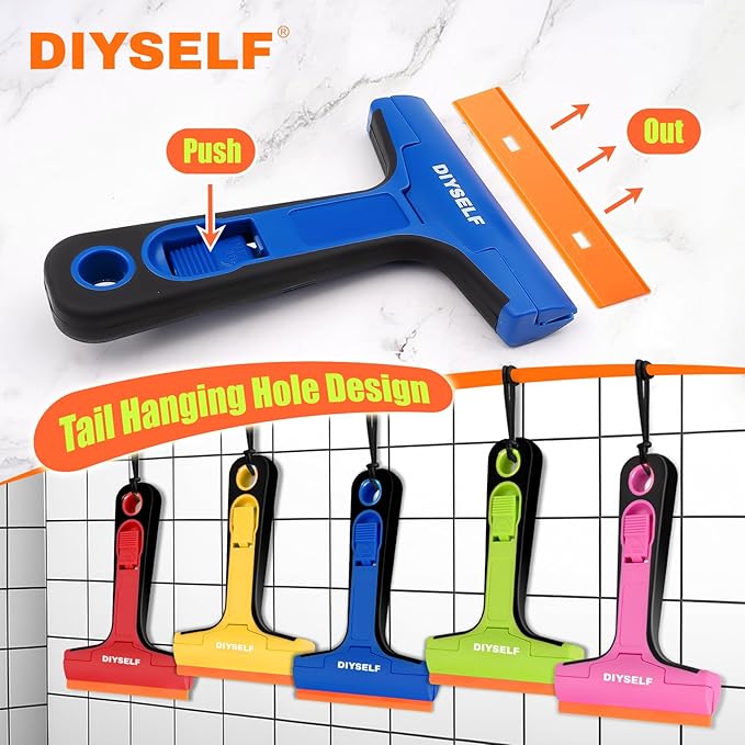 DIYSELF Plastic Scraper Tool with 5 Pcs 4-Inch Razor Blades for Windows | Replaceable Plastic Blades, Sticker Remover Tool for Glass, Labels, Adhesive, Cooktops & Tile, Crafts, DIY Users, Pink