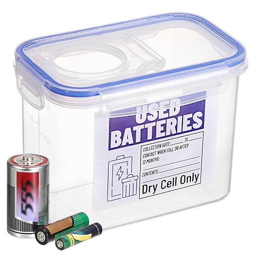 BTSKY Battery Recycling Container with Lid for Household Batteries, Blue | Battery Disposal Container 1.3 L Capacity Dry Cell Storage Recycling Bin with Label for Home Use, Office, Garage