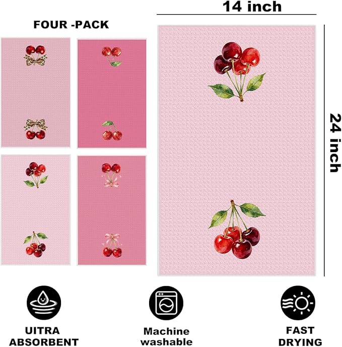 4 Pcs Cherry Hand Towels for Bathroom, Pink Preppy Bow Reusable Dish Towels | Waffle Weave Hand Cloth Tea Towel for Kitchen Bathroom Decor, Cherry Gifts for Women Friend 24x14 Inch