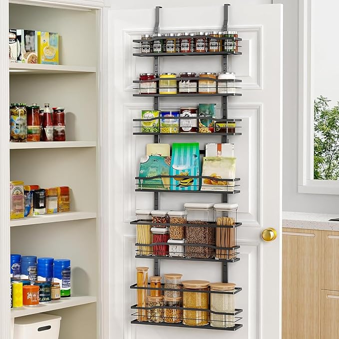 Moforoco 6-Tier Over The Door Pantry Organizer, Pantry Organization and Storage, Black Hanging Basket Cabinet Door Wall Spice Rack Shelves, Home & Kitchen Laundry Room Bathroom Essentials accessories
