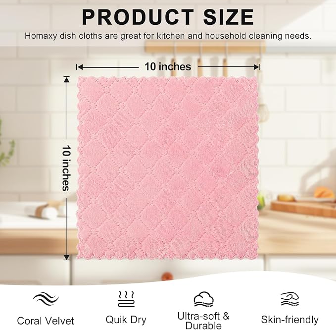Homaxy 12 Pack Super Soft & Absorbent Dish Cloths, 10" x 10", Pink | Coral Velvet, Nonstick Oil Fast Drying Microfiber Cleaning Cloth, No Lint Household Dishcloths