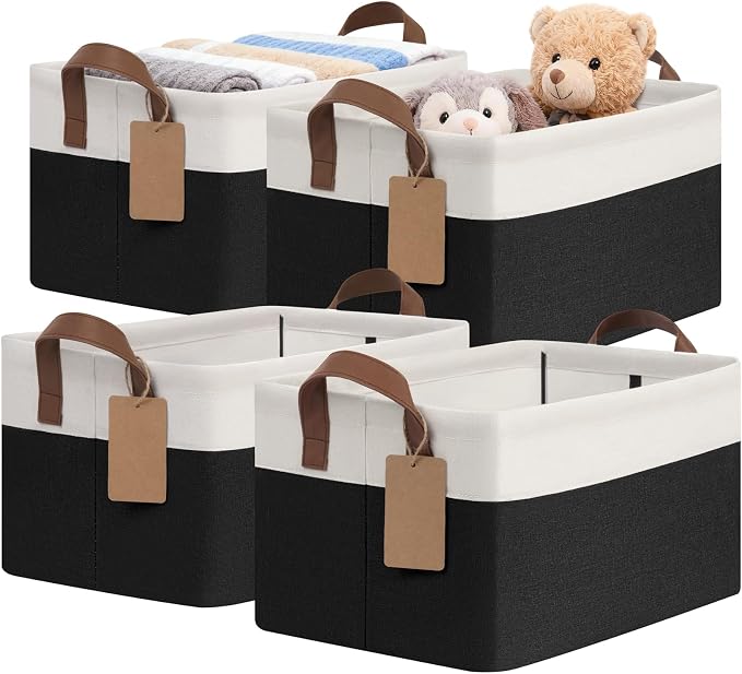 CHICVITA 4 Pack Fabric Storage Bins for Shelves, 20L Black & White | 14.8" × 10.3" × 8.3" Collapsible Storage Baskets for Towels, Clothes & Toys, Fits Closet & Shelf Organization, Metal Frame