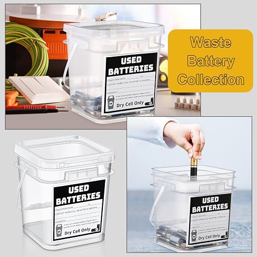 Baderke 2 Pack Battery Recycling Disposal Container with Label, Transparent | 1.32 Gallon Capacity, Battery Recycling Container with Label, Used-dry-cell Battery Storage Organizer, for Household, Office