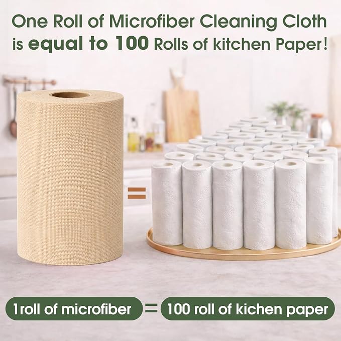 Reusable Microfiber Cloth Roll - 100 Pack, 12"x12" Washable Tear-Away Towels. Fits Paper Towel Holders. Lint-Free & Streak-Free Rags for Kitchen, Glass, Cars, Electronics (Wheat Beige)