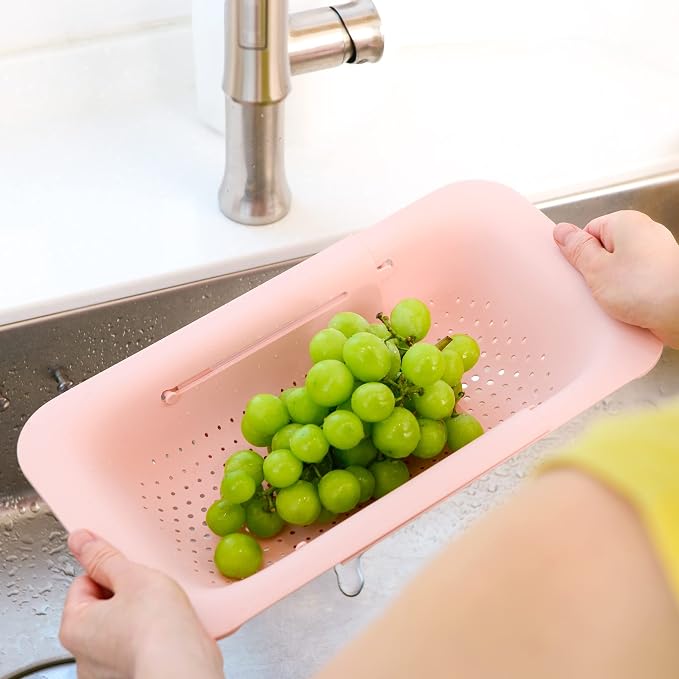 Blue Ginkgo Over Sink Colander, Extendable Kitchen Strainer, 2-Pack, Pink