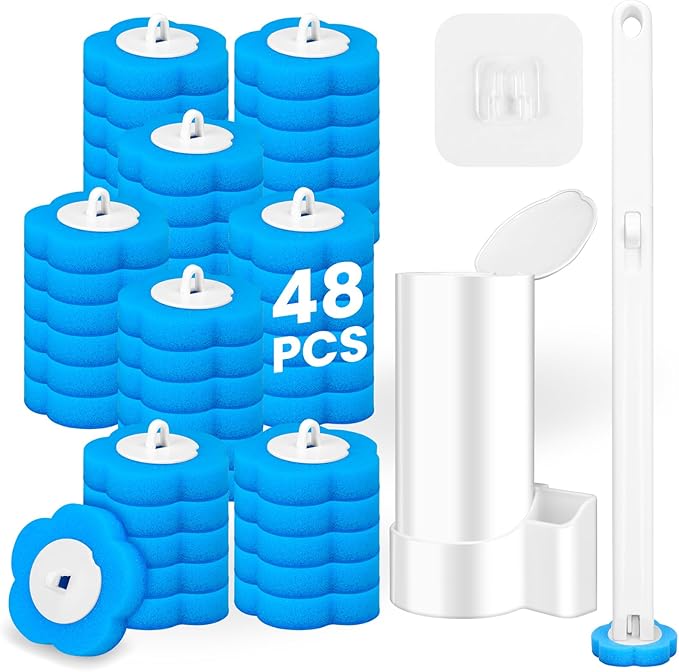Disposable Toilet Brush Cleaning System with 48pcs Refills Pads, Toilet Wand Kit, Toilet Bowl Cleaner Brush for Bathroom Maintenance