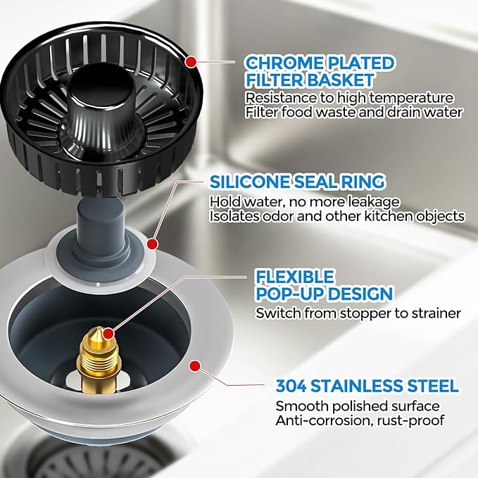 zaa 3 in 1 Kitchen Sink Drain Strainer Stopper Removable Basket Pop-Up | Kitchen Sink Accessories 1 Pack Brushed Black Stainless - Food Catcher, Odor-Blocking Seal, Fits 3.5" Drain