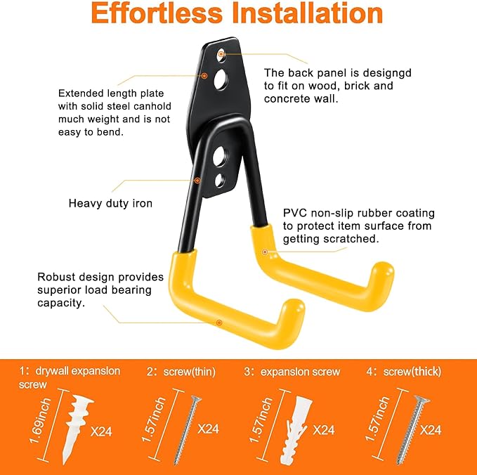HUPBIPY 12 Pack Garage Hooks Heavy Duty, Wall Mount Ladder Hooks | Storage Organizer With a non-slip coating for Hanging Bicycles Garden Tools Ladders Hoses Ropes and Loose Items(Yellow)