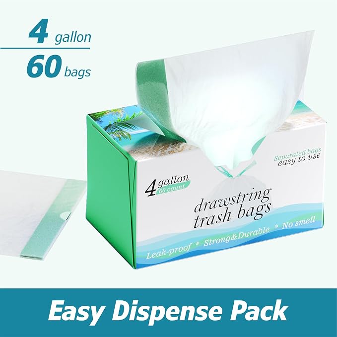 4 Gallon Drawstring Trash Bags - 0.5 Mil Strong - Small Garbage Bags - for Office Bathroom Kitchen - Individual, Unscented, White, 19" x 19", 60 Count