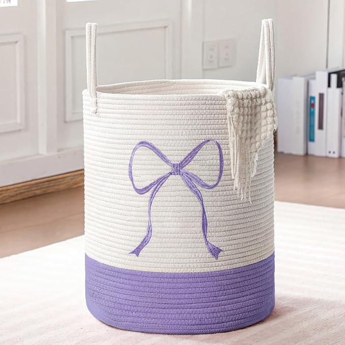 Honeydak Purple Laundry Basket Bow Hamper Coquette Laundry Basket Cotton Rope Purple Hamper 15 x 17.7 Inches Toy Box Large Coquette Bow Teens Girls Room Storage for Blanket Toys Clothes Organization