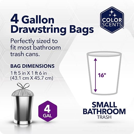 Color Scents Small Trash Bags - 4 Gallon, 200 Bags (2 Pack of 200 Count), Drawstring - Silver Bag in Simply Clean Scent with Microban