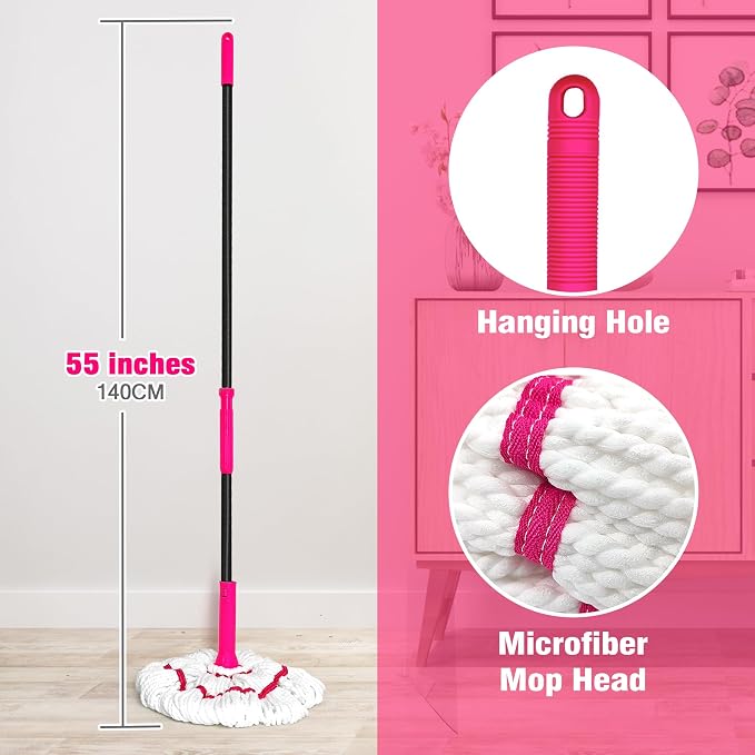 NEWE Self Wringing Twist Mop for Floor Cleaning, Upgraded 18-inch Wide Microfiber Mops, 55 Inches Long Handle Wet Dry Kitchen Easy Squeeze String Mop for Wood, Hardwood, Tile, Marble (Red)