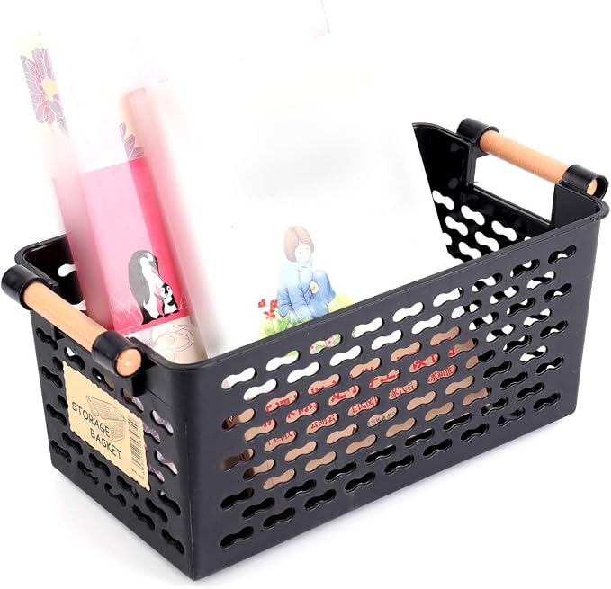 Yesland 6 Pack Plastic Storage Baskets with Handles, Black Organizer Bins 5"W x 10"L x 5"H for Kitchen Pantry Closet Bathroom Office