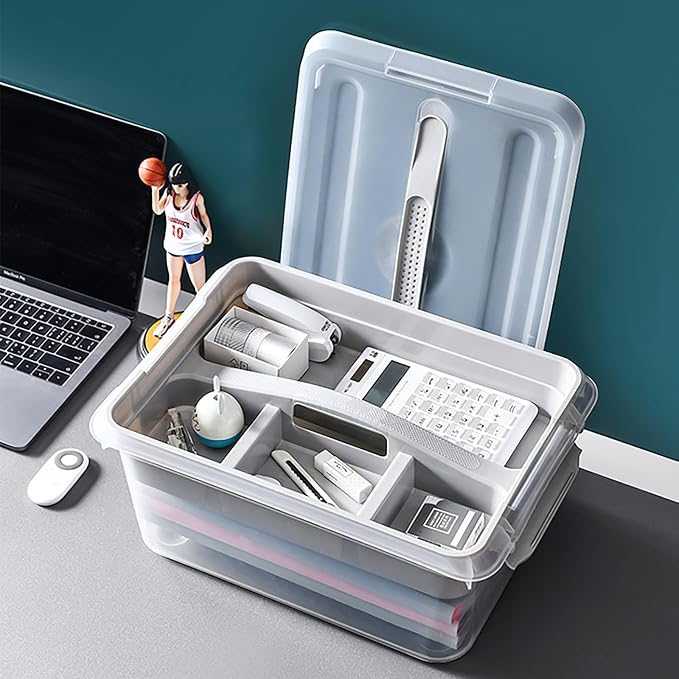 Yesland Portable Craft Storage Box with Removable Tray and Handle, 16x11x6.5 Inch Plastic Art Supply Organizer Container for Stationery, Sewing, Jewelry - Grey
