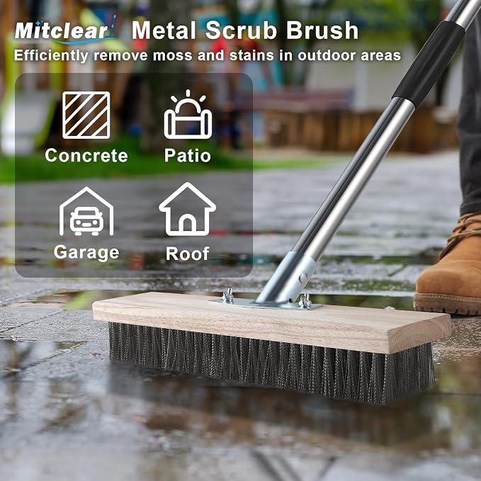 Wire Brush Long Handle 57'' Remove Moss on Deck Concrete Patio | Heavy Duty Outdoor Scrub Broom with Metal Stiff Bristle, Large Wire Scrubber for Weeds Removal in Garage Garden Roof Balcony