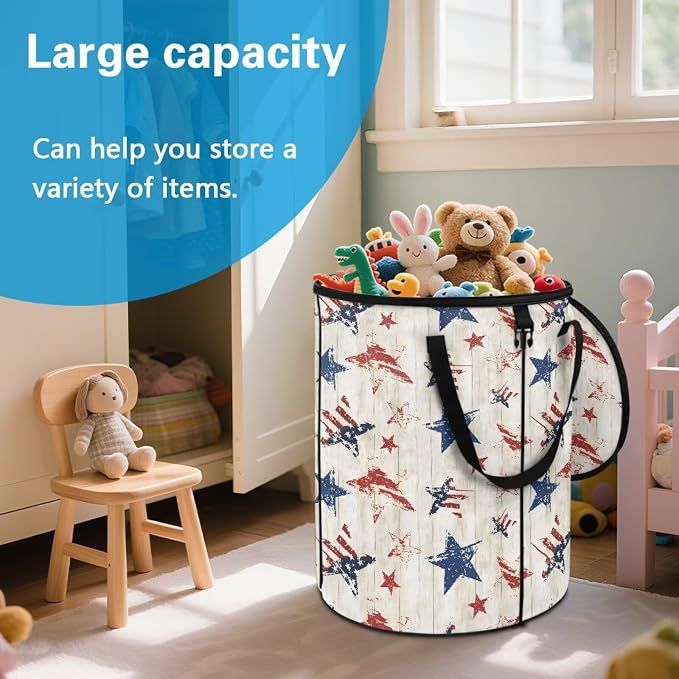 Collapsible Garden Leaf Bin Reusable Container Bag 24 Gallon Large Capacity Foldable Trash Can with Lid and Handle for Camping Outdoor Picnics, American Flag Print