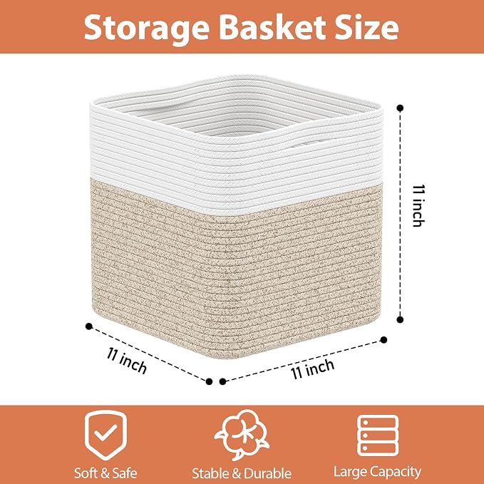 Storage Cotton Cubes 11 Inch, Woven Cotton Rope Storage Baskets for Toys Blanket Organizing, Storage Bins Decorative Organizer with Handles for Living Room Laundry Room Closet (3 Pack, Oatmeal Brown)