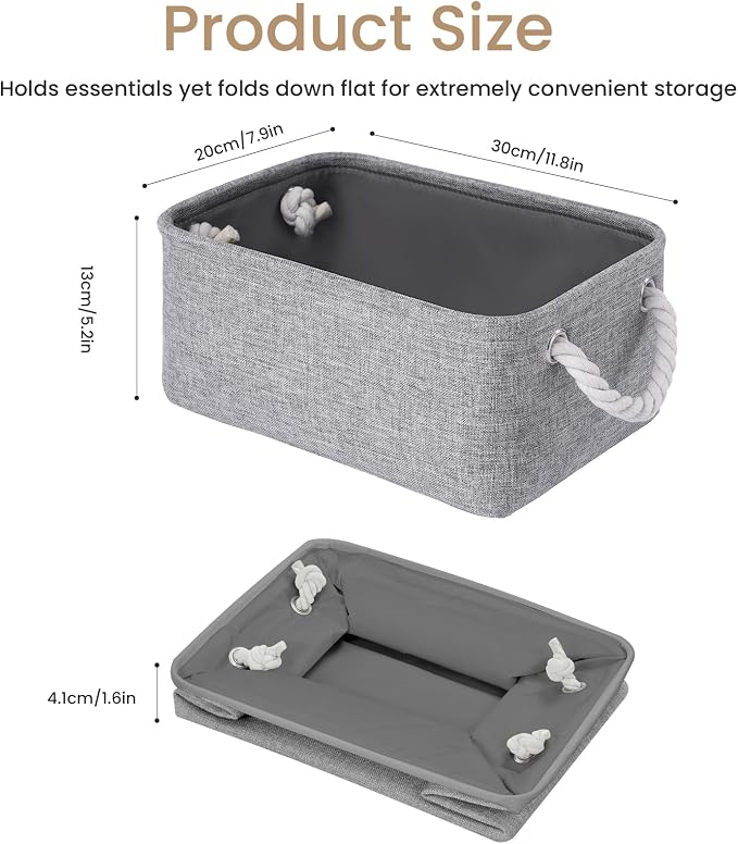 11.8x7.9x5.2 Inch Fabric Small Storage Bins with Handles 1 Pack | Foldable Storage Basket, Sturdy Metal Strand, Cardboard Support Molding, Small Baskets for Organizing, Shelves, Gray