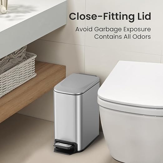 Cesun Small Bathroom Trash Can with Lid, 1.6 Gal, Soft Close, Sliver | Step pedal soft close, Slim 5.9in fits narrow spaces, Stainless steel, Anti-fingerprint, Removable inner bucket, Odor seal