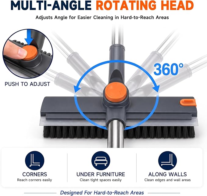 Floor Scrub Brush with Long Handle, 3-in-1 with Squeegee & Stiff Bristles | Heavy-Duty V-Shaped Bristles, 30–50 in Adjustable Handle, 360° Rotating Head & Built-In Hair Picker for Tile, Grout & Showers