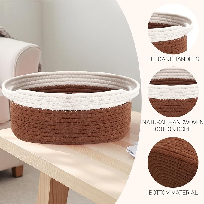 JMvicyroam Small Woven Basket, Empty Gift Basket, White&Brown/1 Pack | Small Gift Basket, Cotton Rope, 12 x 8 x 57 in, Handles, Includes Ribbon and Bag, Birthday Gift Basket