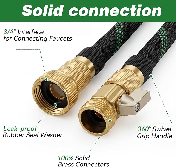 100FT Garden Hose 100 Feet Non-Expandable Heavy Duty Garden Hose with 8 Pattern Spray Nozzle, Flexible Kink-Free Water Hose with Brass Fittings for Watering Lawn, Yard, Car Washing