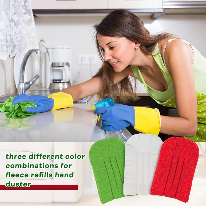 Zubebe 12 Pcs Reusable Duster Refills Fleece,Red,White,Green | Soft Polyester Fiber Flat Duster Refill Multi Surface Washable Cleaning Pad Tools for Home, Blinds, Car, Pet, Furniture, Fans