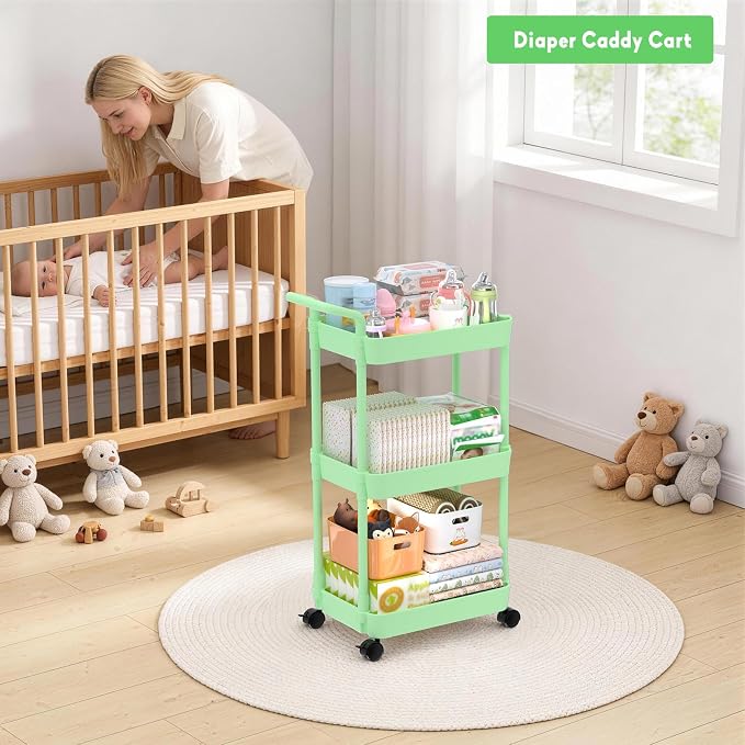 Volnamal Diaper Caddy, 3 Tier Rolling Cart for Baby Essentials, Green | Movable & Easy Assemble Cart for Newborn Nursery Essentials, Diaper Storage Organizer for Changing Table&Crib, Baby Registry