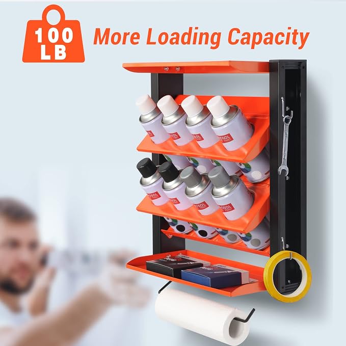 Spray Can Holder, Wall Mount Paint Bottle Organizer 8 Holes & 2 Shelves | Heavy Duty Lube Can Organizer with Paper Towel Holder for Garage & Home
