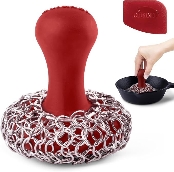 Cuisinel Cast Iron Chainmail Scrubber + Pan Scraper - The Patented Original Ergonomic Stainless & Silicone Pot & Skillet Cleaner - Premium Food-Safe Design - Easy Clean Dishwasher Safe Cookware Sponge