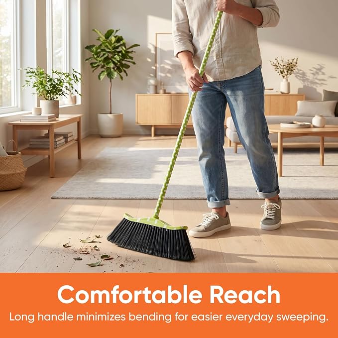 Superio Polka Dot Printed Broom, 2-Pack, Heavy-Duty Indoor & Outdoor Push Brooms with Black Plastic Bristles, Multi-Surface Floor Sweeper, Wooden Handles, 12-Inch Wide Sweeping Head