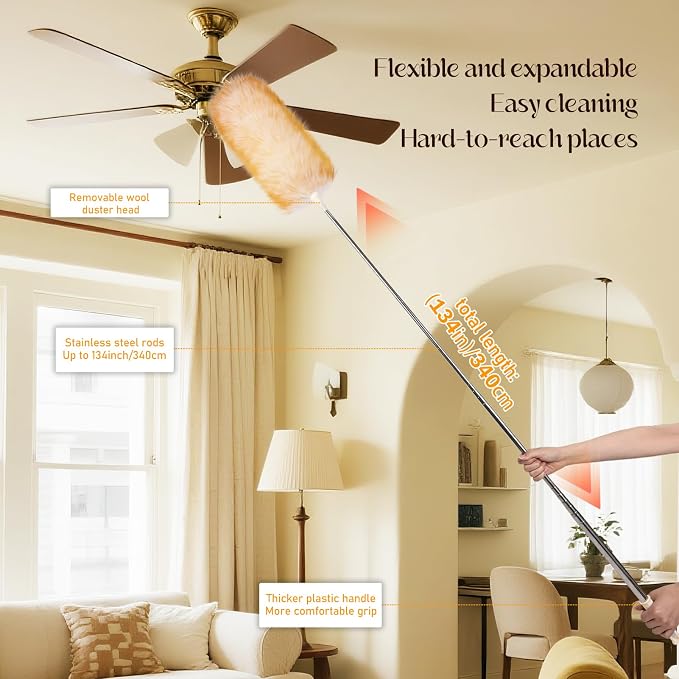 Extendable Lambswool Duster Stainless Steel Handle 133" Removable Feather Duster for Cleaning Ceiling Fans Interior Roof Furniture, Yellow