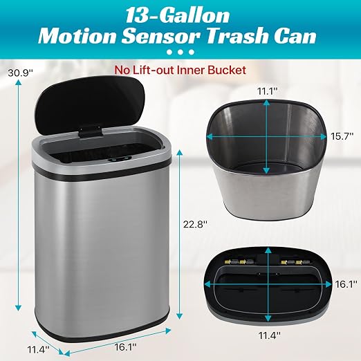 BLKMTY 13 Gallon Trash Can, Stainless Steel Garbage Can with Lid, Sliver | 50 Liters Kitchen Trash Bin, Touchfree Motion Sensor Garbage Bin, Tall Automatic, For Home Office Bathroom