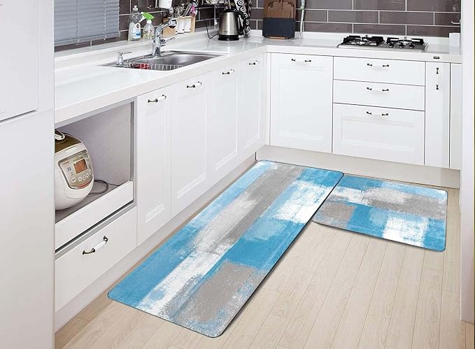 TOMWISH Kitchen Rugs Grey and Blue Abstract Art Set of 2 Floor Comfort Mats | Non Slip Washable Kitchen Sink Rug Farmhouse Kitchen Floor Mats Comfort Standing Mat for Laundry 20"X48"+20"X30"