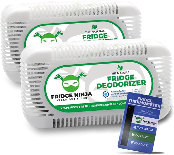 Fridge Ninja Fridge Deodorizer, More Effective Than Baking Soda, 2 Pack | Natural & Unscented Activated Charcoal Refrigerator Deodorizer & Odor Eliminator for Freezers, Coolers, & Lunch Boxes